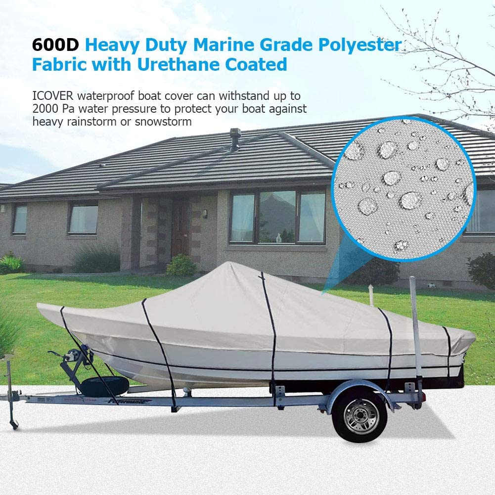 iCOVER Trailerable Boat Cover, 600D Heavy Duty Boat Cover Fits V-Hull Center Console Boat, Boat Cover Support Pole Included