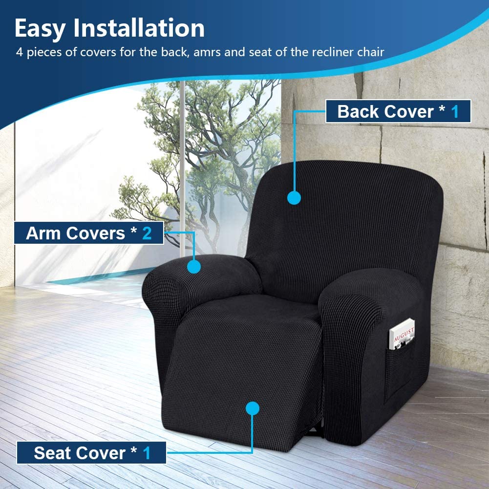 Recliner Sofa Slipcover, iCOVER Four Piece High Stretchy Reclining Chair Cover, Machine Washable Spandex Jacquard Fabric, Bottom Elastic Easy to Install, Non-Slip Furniture Protector