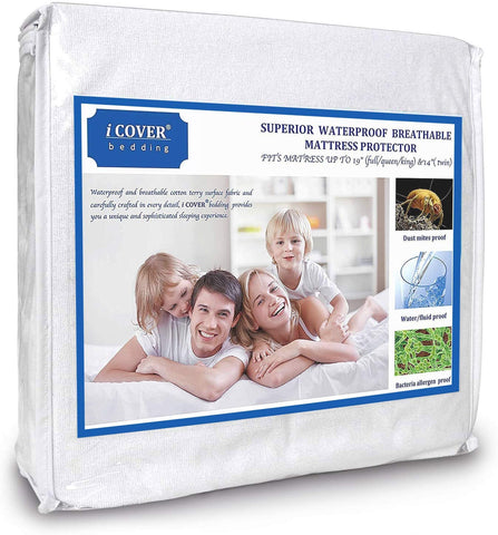 Waterproof Mattress Protector, iCover Five-Sided Breathable Mattress Cover with Elastic Band, Machine Washable
