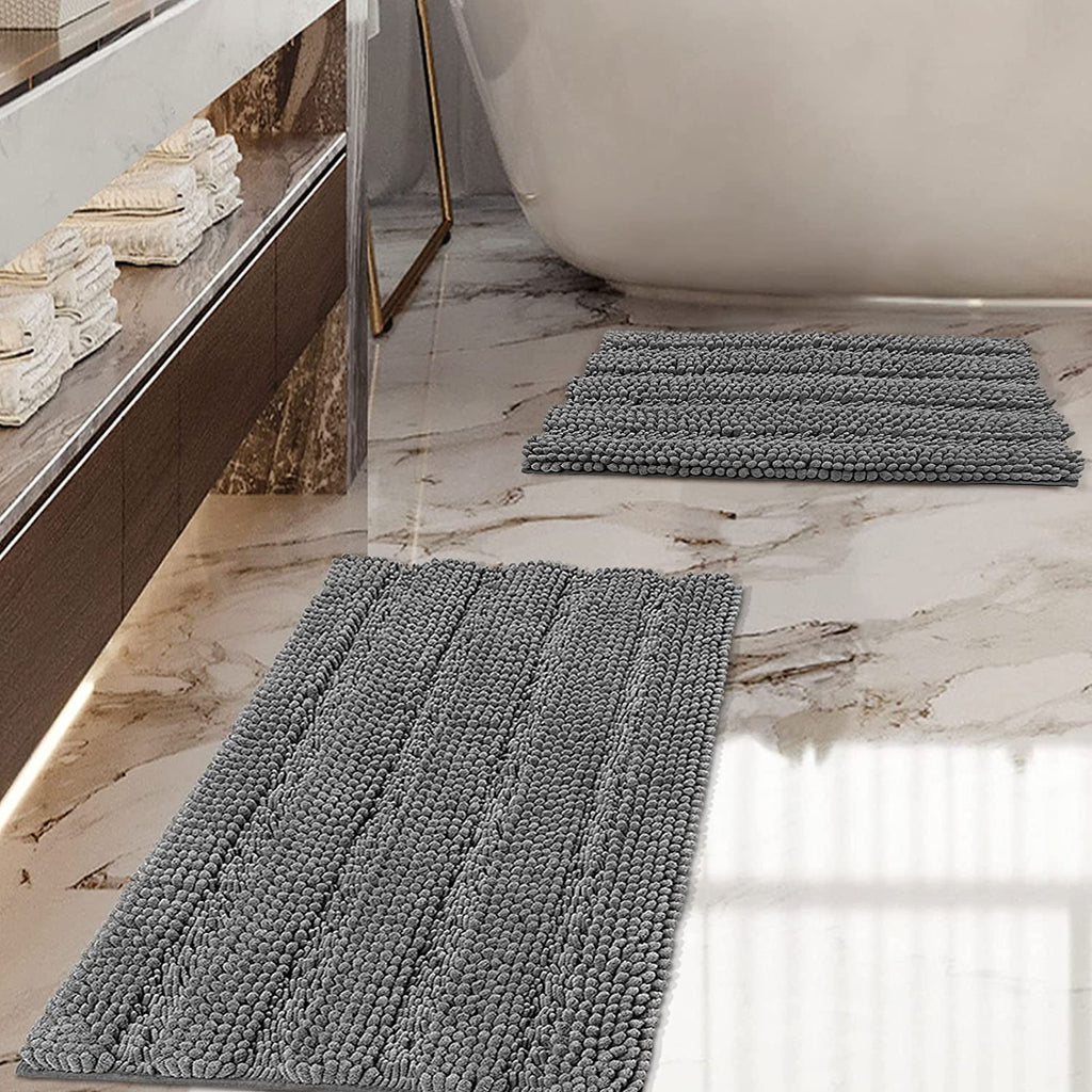 iCOVER Bathroom Rugs Set, Anti-Slip Design Thick Chenille Striped Bath Mats, Strong Absorbent Floor Mats Machine Washable Also for Kitchen, Living Room, Bedroom, 32" x 20" and 24" x 17"