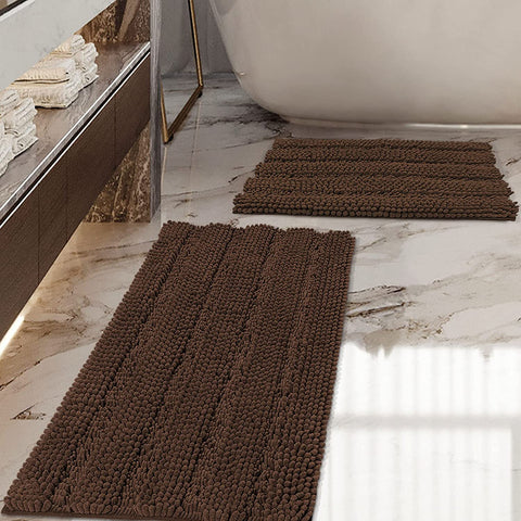 iCOVER Bathroom Rugs Set, Anti-Slip Design Thick Chenille Striped Bath Mats, Strong Absorbent Floor Mats Machine Washable Also for Kitchen, Living Room, Bedroom, 47" x 17" and 24" x 17"